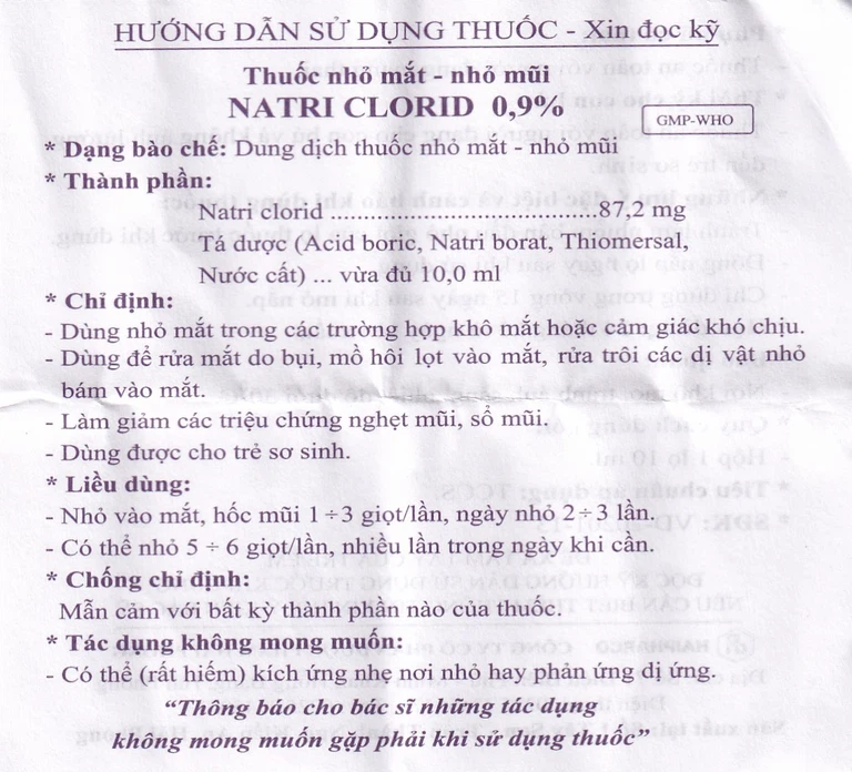 Thuốc nhỏ mắt, nhỏ mũi Natri Clorid 0.9% Haipharco giảm khô mắt, nghẹt mũi, sổ mũi (10ml)