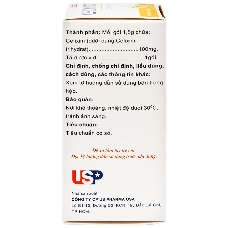 Bột pha hỗn dịch uống Cefixim 100 USP điều trị nhiễm khuẩn (10 gói x 1.5g)