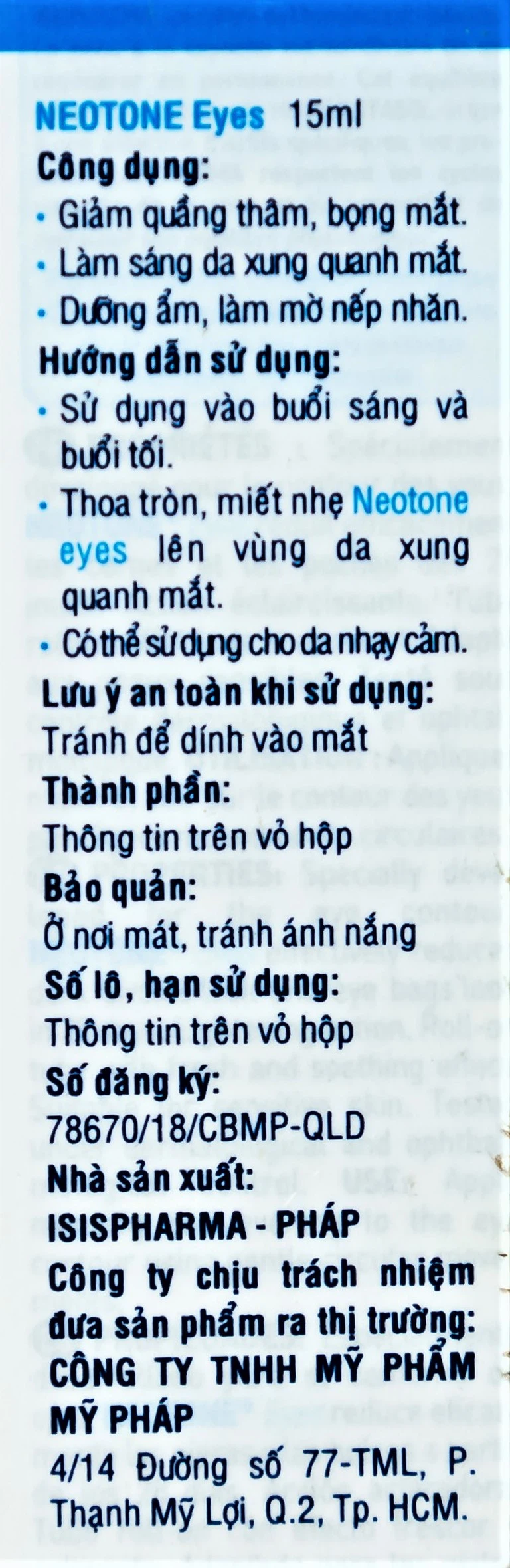 Kem IsisPharma Neotone Eyes giúp giảm quầng thâm, bọng mắt, dưỡng ẩm (15ml)