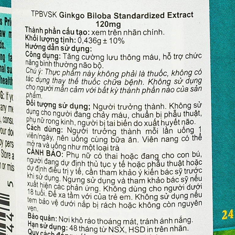 Viên uống Ginkgo Biloba 120mg tăng cường lưu thông máu não (100 viên)