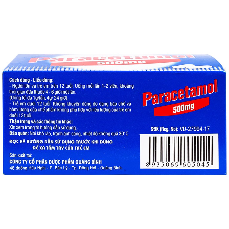 Thuốc Paracetamol 500mg Quapharco giảm đau nửa đầu, cảm lạnh, cảm cúm, đau họng (10 vỉ x 10 viên)