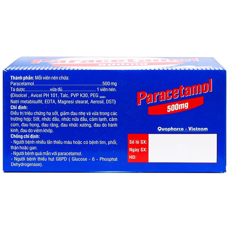 Thuốc Paracetamol 500mg Quapharco giảm đau nửa đầu, cảm lạnh, cảm cúm, đau họng (10 vỉ x 10 viên)