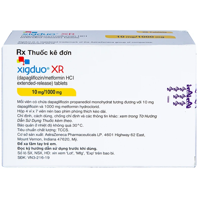 Thuốc Xigduo XR 10mg/1000mg Astrazeneca cải thiện kiểm soát đường huyết (4 vỉ x 7 viên)
