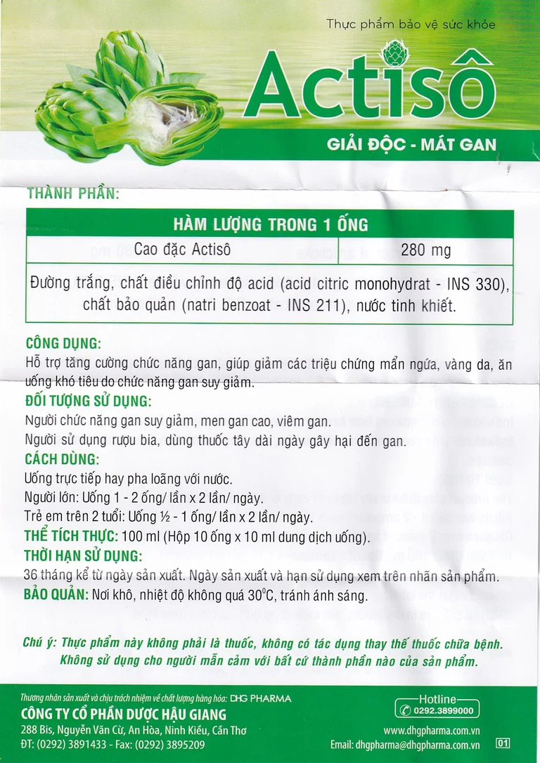 Dung dịch uống Actisô hỗ trợ giải độc, mát gan (10 ống x 10ml)