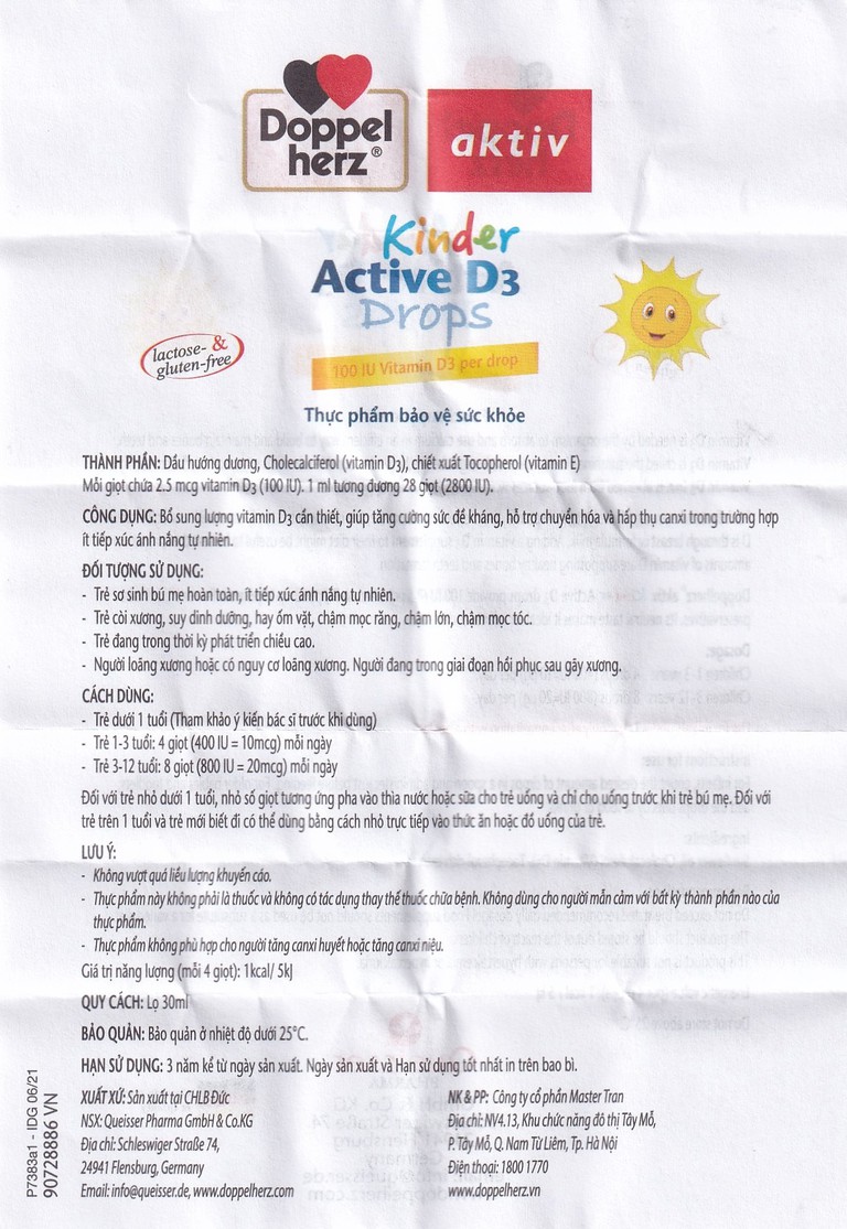 Siro Kinder Active D3 Drops Doppelherz Aktiv bổ sung vitamin D3, tăng cường sức đề kháng (30ml)