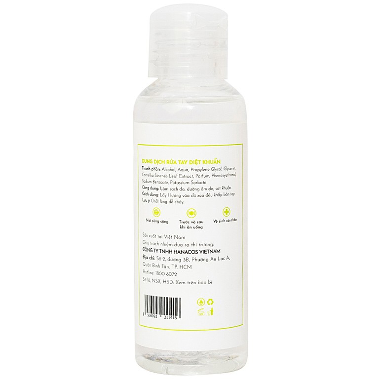 Dung dịch rửa tay diệt khuẩn Super+ Hand Sanitizer Hanacos làm sạch da, dưỡng ẩm da, sát khuẩn (100ml)