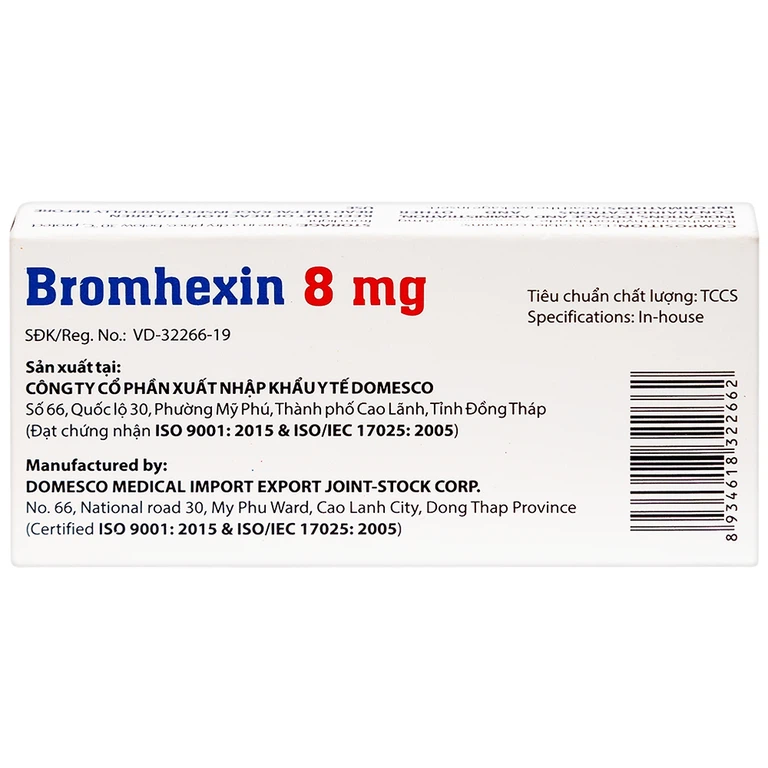 Thuốc Bromhexin 8mg Domesco điều trị rối loạn tiết dịch phế quản trong viêm phế quản cấp tính (3 vỉ x 10 viên)