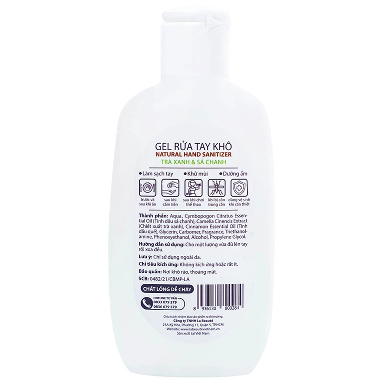 Gel rửa tay khô Natural Hand Sanitizer trà xanh và sả chanh làm sạch tay, khử mùi, dưỡng ẩm (120ml)