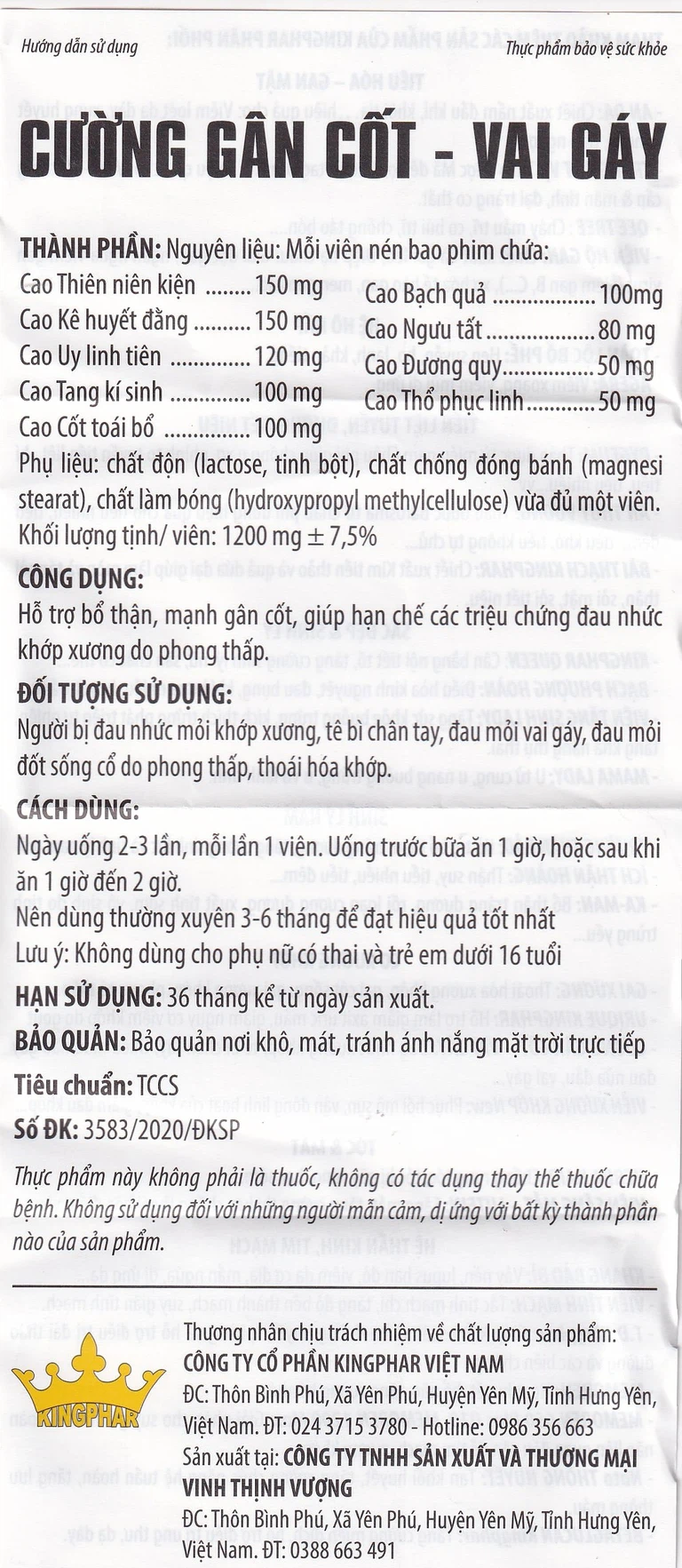 Viên uống Cường Gân Cốt - Vai Gáy Kingphar hỗ trợ bổ thận, mạnh gân cốt (60 viên)
