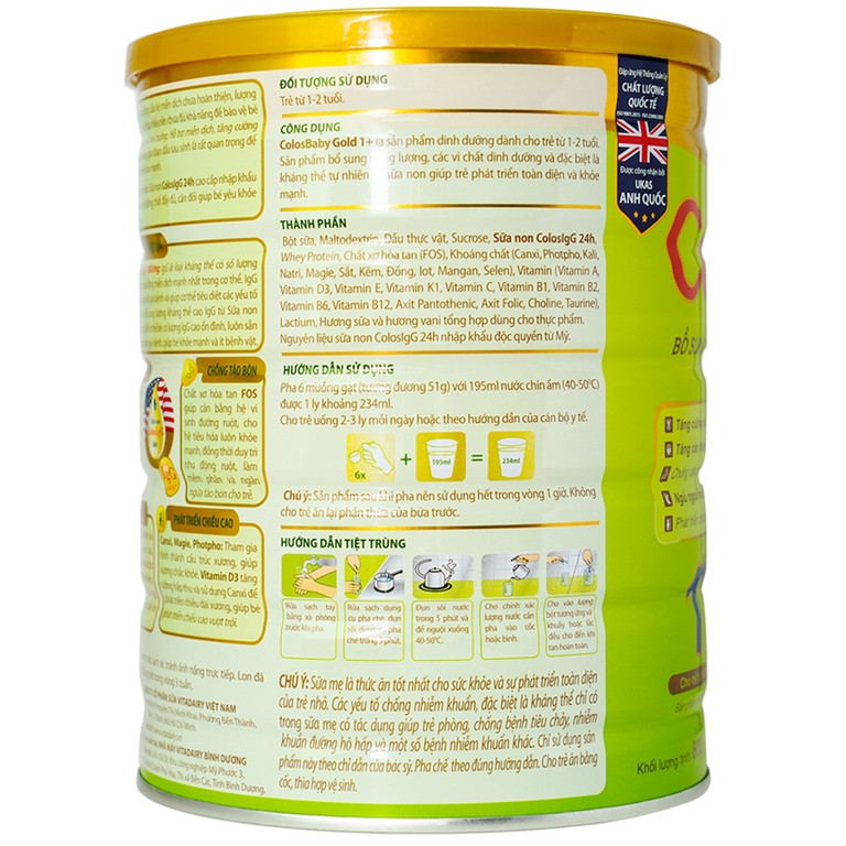 Sữa non ColosBaby Gold VitaDairy bổ sung kháng thể IgG tự nhiên cho trẻ từ 1 - 2 tuổi (800g)