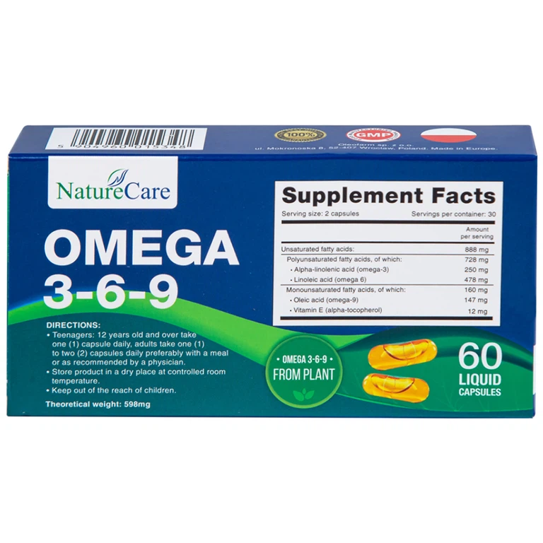 Viên uống Omega 3-6-9 NatureCare giảm nguy cơ xơ vữa động mạch, bảo vệ sức khỏe tim mạch (3 vỉ x 20 viên)