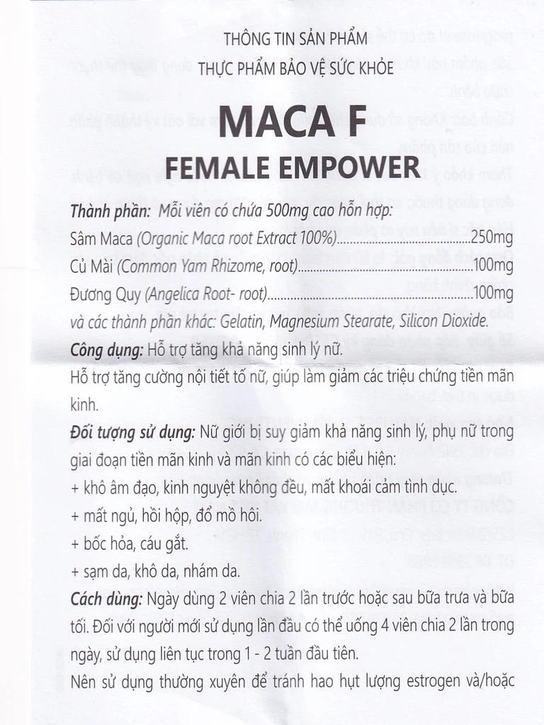 Viên uống MacaF Female hỗ trợ tăng cường nội tiết tố nữ, tăng khả năng sinh lý (60 viên)