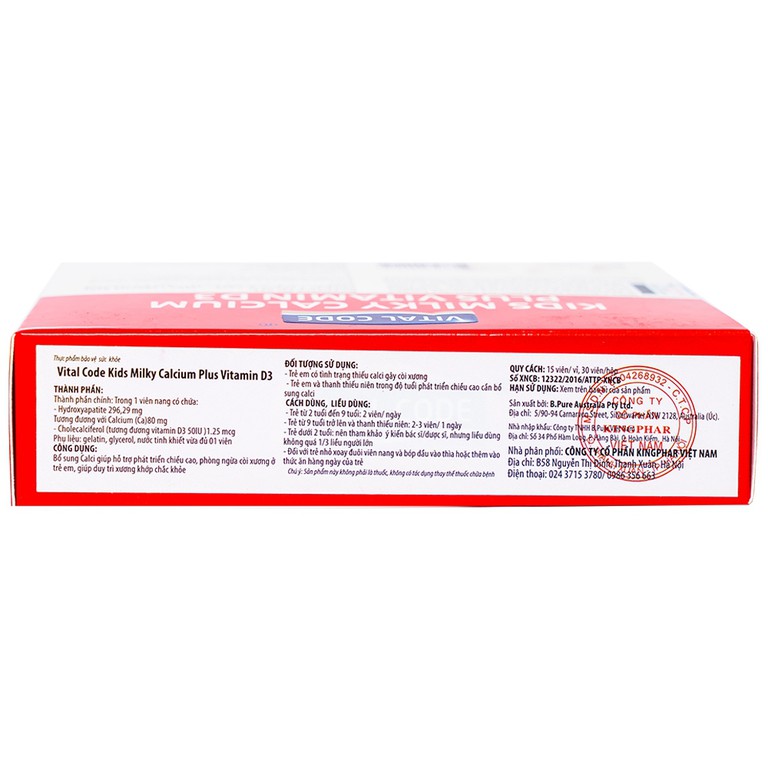 Viên uống Vital Code Kids Milky Calcium Plus Vitamin D3 Kingphar hỗ trợ phát triển chiều cao (2 vỉ x 15 viên)