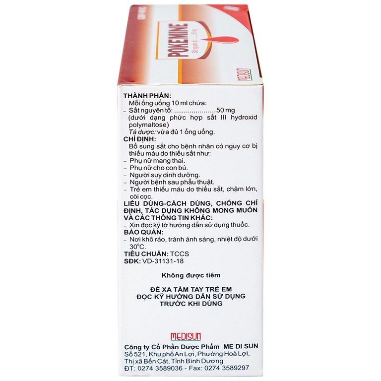 Dung dịch uống Pokemine 50mg Medisun bổ sung sắt cho bệnh nhân thiếu máu (20 ống x 10ml)