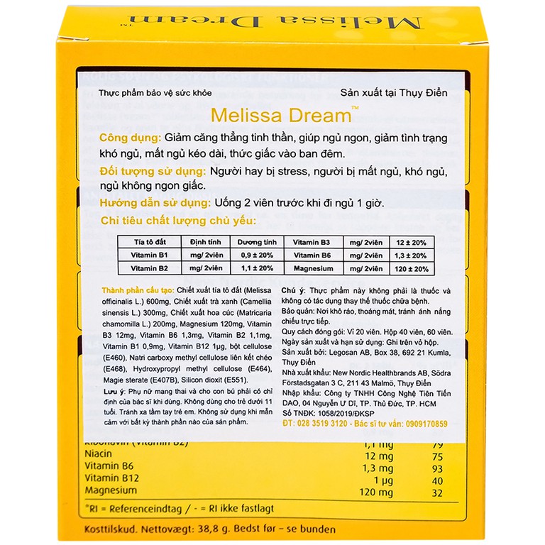 Viên uống Melissa Dream New Nordic giảm căng thẳng tinh thần, giúp ngủ ngon (40 viên)