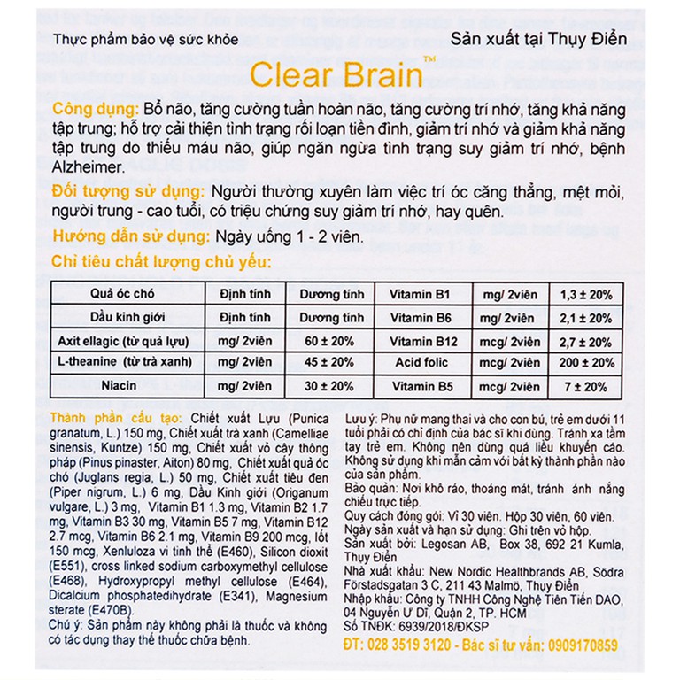 Viên uống Clear Brain New Nordic tăng cường trí não, bổ não (1 vỉ x 30 viên)
