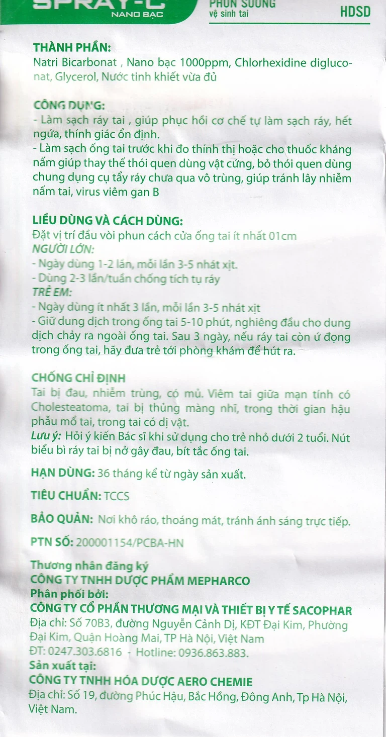 Phun sương vệ sinh tai Spray-C Nano Bạc Aero Chemie làm sạch ráy tai, phục hồi cơ chế tự làm sạch ráy (15ml)