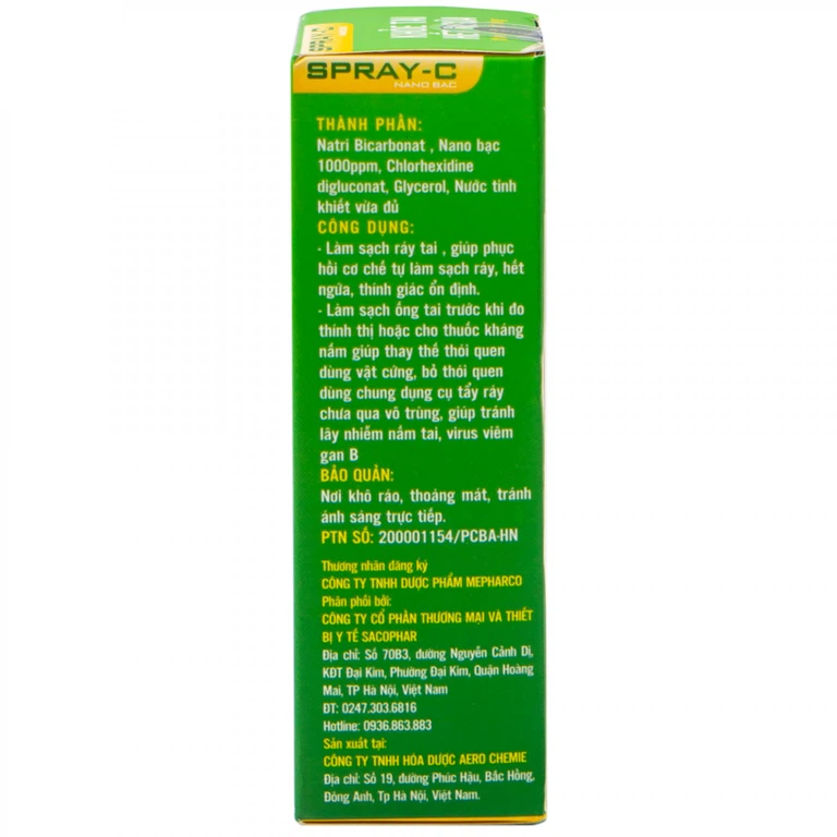 Phun sương vệ sinh tai Spray-C Nano Bạc Aero Chemie làm sạch ráy tai, phục hồi cơ chế tự làm sạch ráy (15ml)