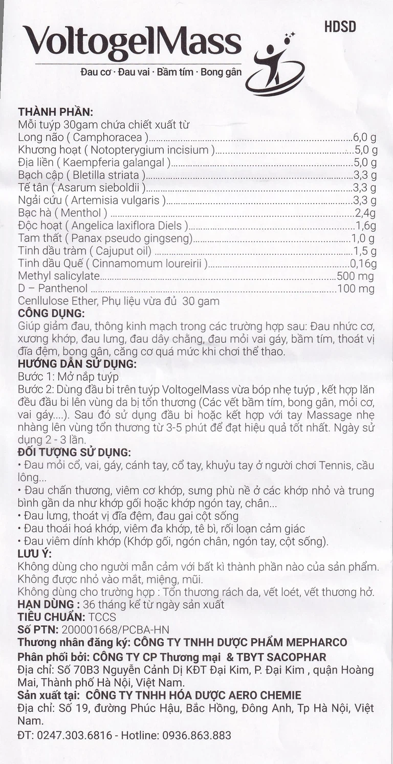 Gel bôi giảm đau VoltogelMass 30g Aero Chemie đau cơ, đau vai, bầm tím, bong gân