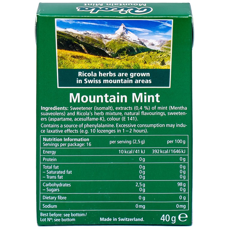 Kẹo ngậm không đường Ricola Mountain Mint giảm ho, thông cổ mát họng, giảm viêm họng (40g)