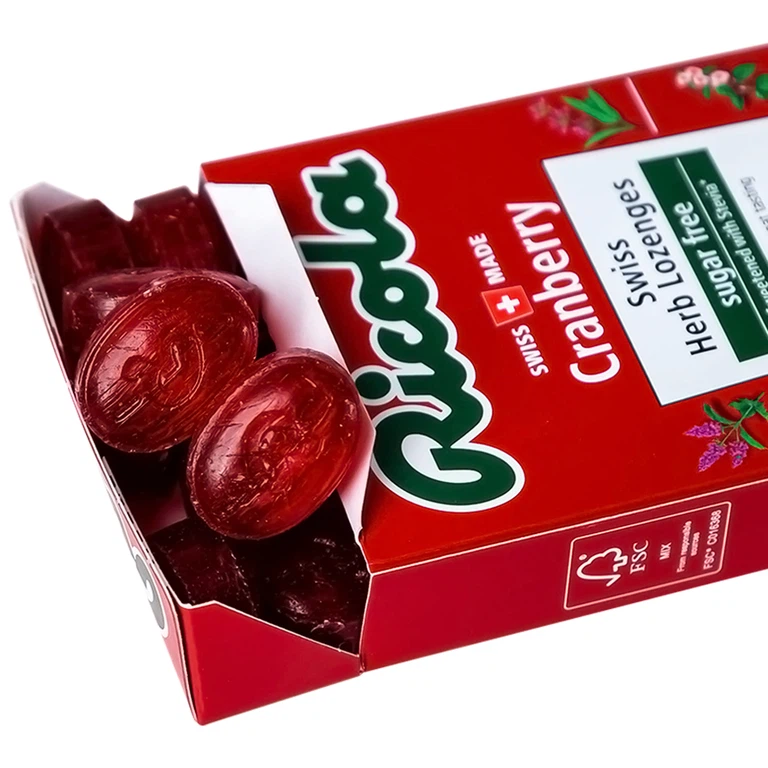 Kẹo ngậm không đường Ricola Cranberry giảm ho, thông cổ mát họng, giảm viêm họng (40g)