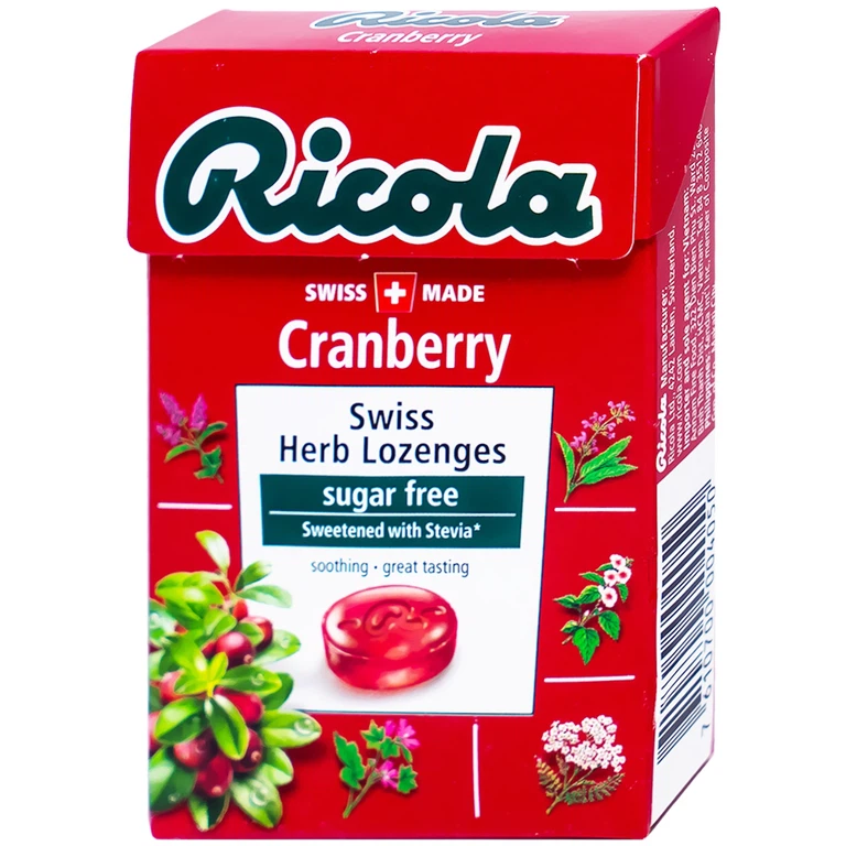 Kẹo ngậm không đường Ricola Cranberry giảm ho, thông cổ mát họng, giảm viêm họng (40g)