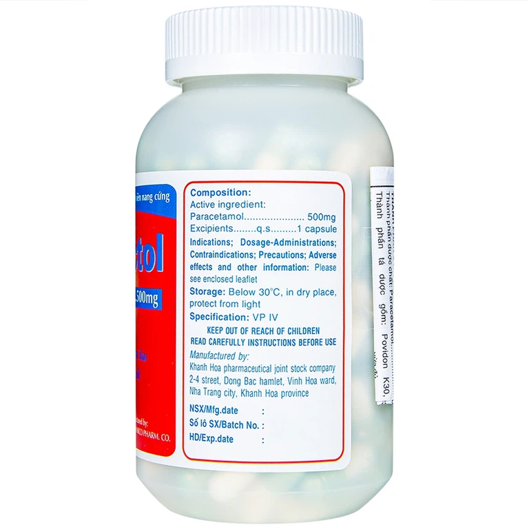 Viên nang cứng Panactol 500mg Khapharco giảm đau, hạ sốt (200 viên)