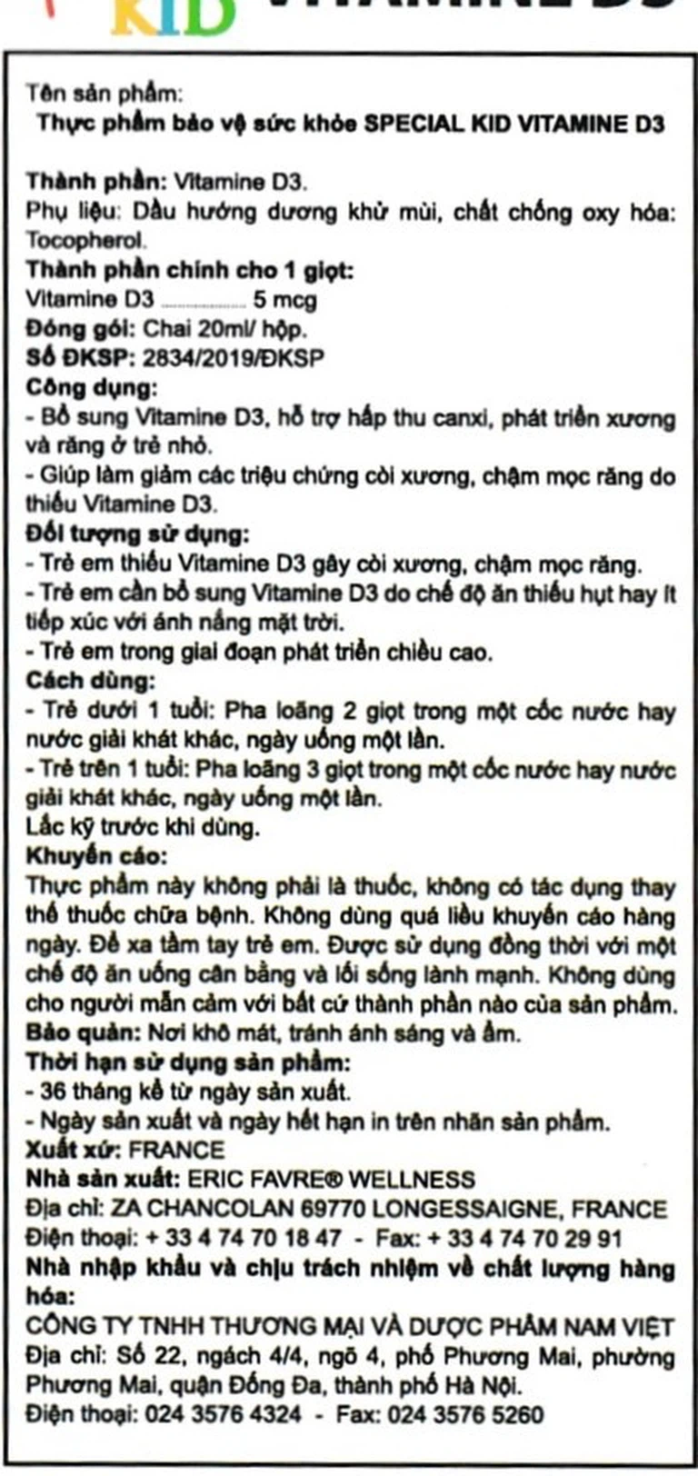 Siro Special Kid Vitamine D3 hỗ trợ hấp thu Calci, phát triển xương và răng ở trẻ (20ml)
