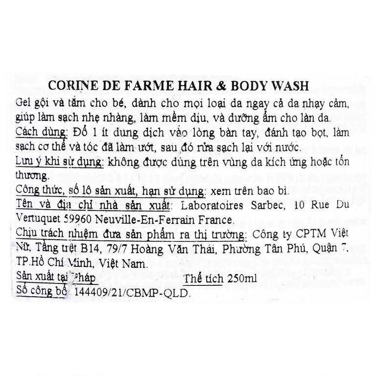 Gel gội và tắm cho bé Corine De Farme Hair And Body Wash dành cho mọi loại da (250ml)