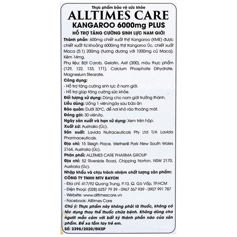 Viên uống Alltimes Care Kangaroo 6000Mg Plus tăng cường sinh lực nam giới (30 viên)