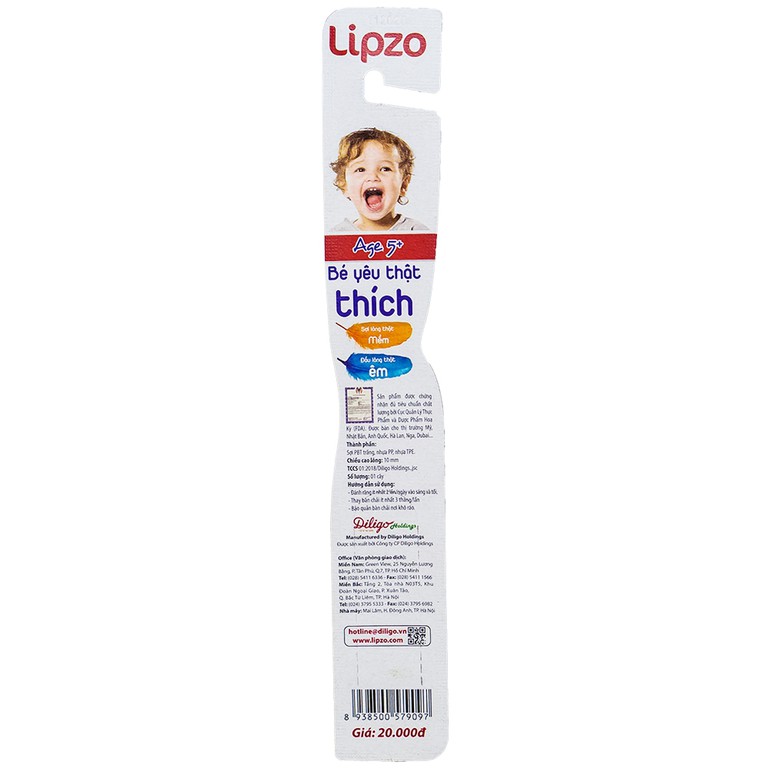 Bàn chải đánh răng Lipzo Kids2 dùng làm sạch răng và khoang miệng cho trẻ em từ 5 tuổi (1 cây)