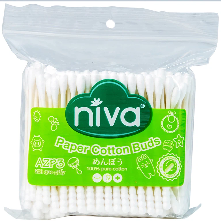 Tăm bông Niva AZP3 Paper Cotton Buds túi Zip 1 đầu tròn 1 đầu xoắn vệ sinh tai, mũi, vết thương (200 que)