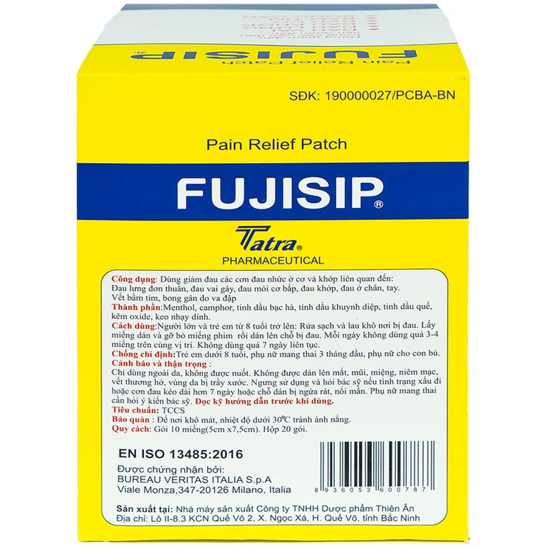 Cao dán giảm đau Fujisip 5cm x 7,5cm Thiên Ân giảm đau vai, đau lưng, đau khớp (10 miếng )
