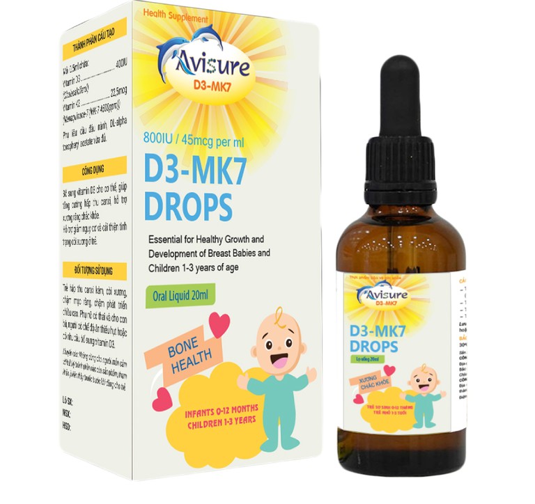 Dung dịch uống Avisure D3-MK7 Drops 800IU/45mcg Phương Đông bổ sung vitamin D3, vitamin K2 cho cơ thể (20ml)