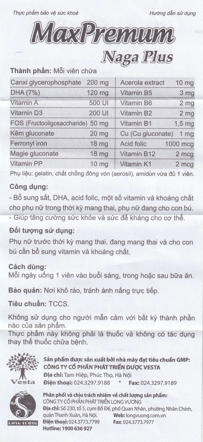 Viên uống MaxPremum Naga Plus Vesta hỗ trợ tăng sức khỏe, đề kháng cho thai phụ (30 viên)