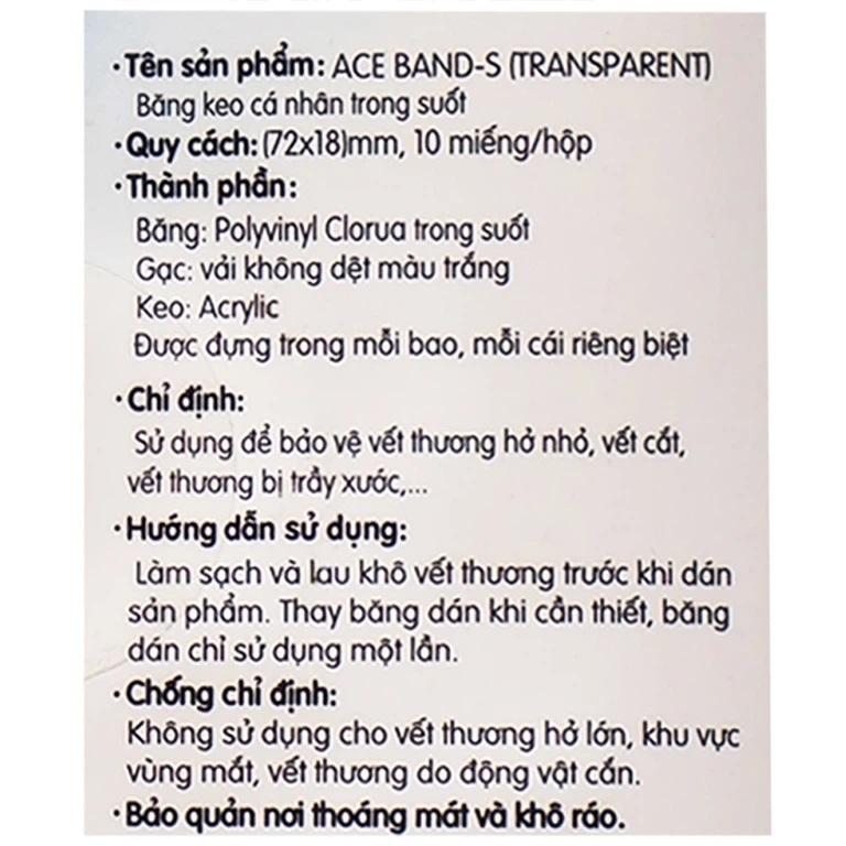 Băng keo cá nhân trong suốt Ace Band-S (Transparent) 72mm x 18mm Young Chemical bảo vệ vết thương (10 miếng)