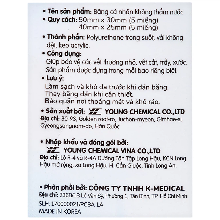 Băng cá nhân không thấm nước Waterproof Plaster hỗ trợ bảo vệ vết thương (10 miếng)