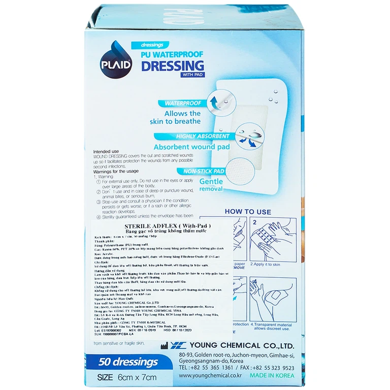 Băng gạc vô trùng không thấm nước Sterile Adflex (With-Pad) 6cm x 7cm Young Chemical hỗ trợ bảo vệ vết thương (50 miếng)