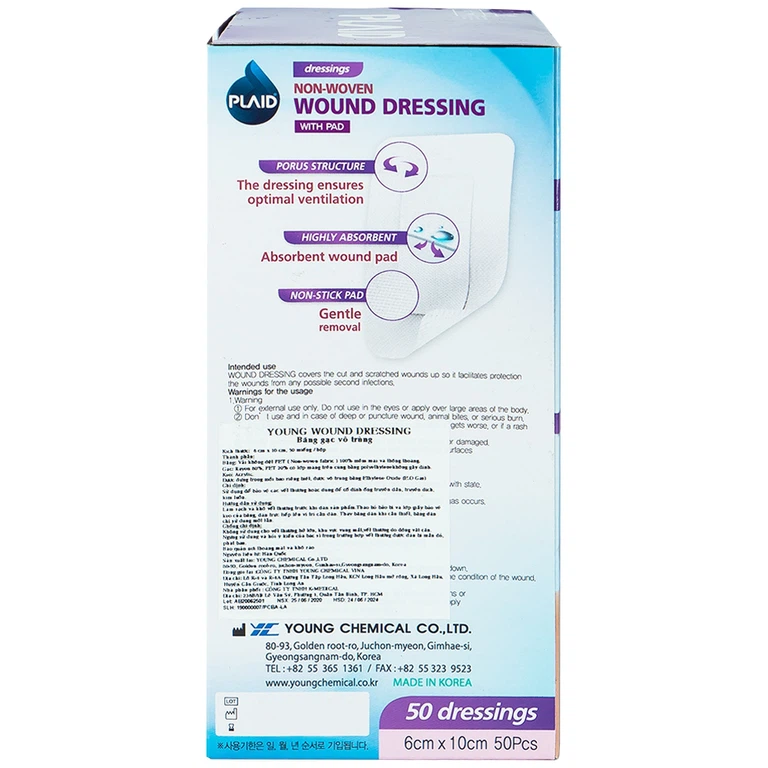 Băng gạc vô trùng Young Wound Dressing 6cm x 10cm Young Chemical hỗ trợ bảo vệ vết thương hỗ trợ bảo vệ vết thương (50 miếng)