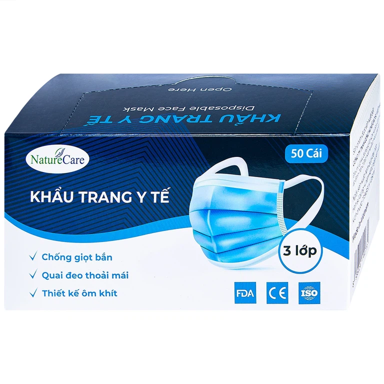 Khẩu trang y tế Naturecare màu xanh 3 lớp hỗ trợ ngăn khói, bụi, kháng khuẩn (50 cái)