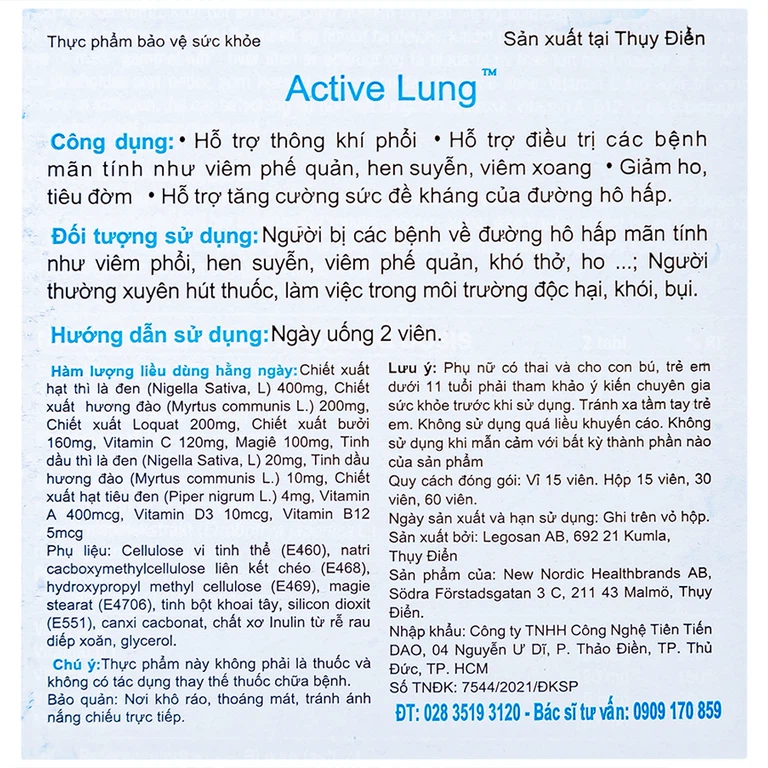 Viên uống Active Lung New Nordic hỗ trợ thông khí phổi, viêm phế quản, hen suyễn (2 vỉ x 15 viên)