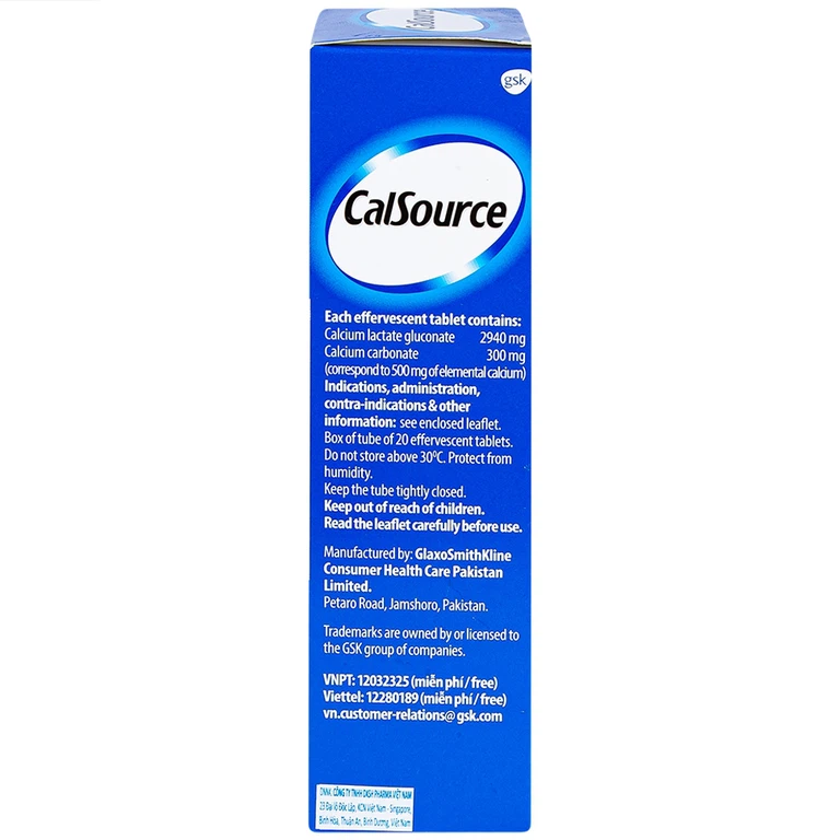 Viên sủi CalSource 500mg GSK phòng ngừa và điều trị thiếu canxi (20 viên)