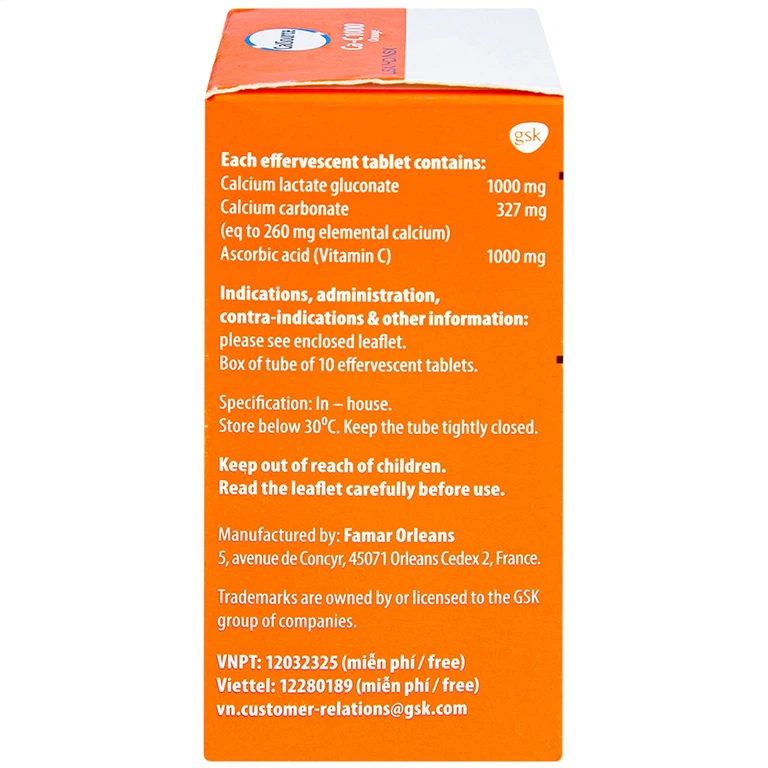 Viên sủi Ca-C1000 Orange Gsk điều trị thiếu calci hoặc vitamin C (10 viên)