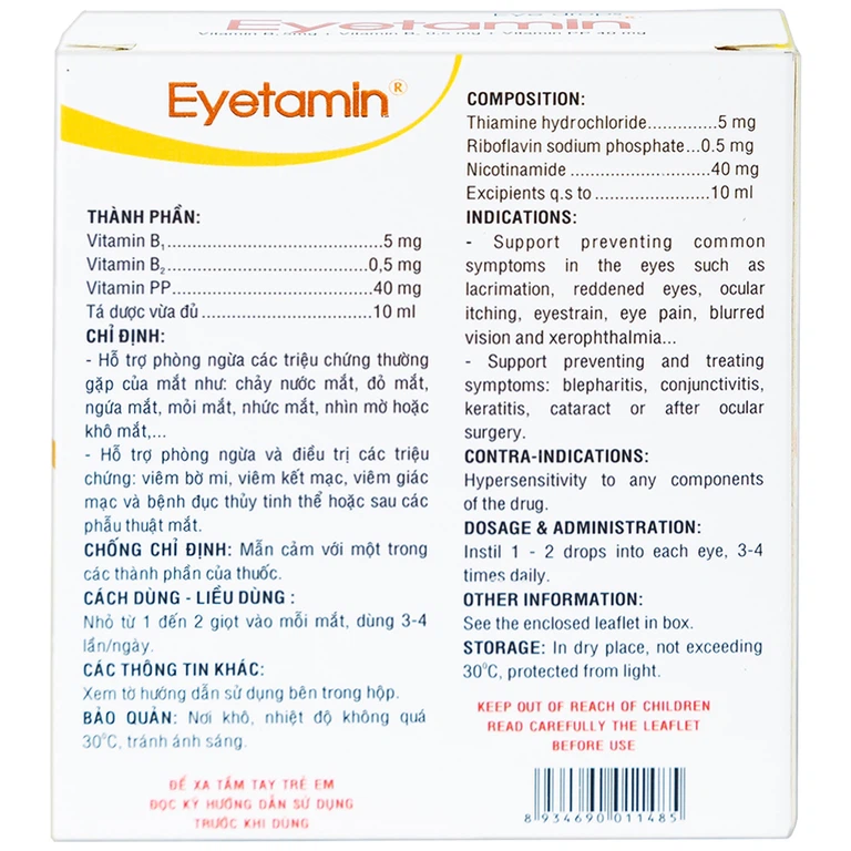 Dung dịch nhỏ mắt Eyetamin 10ml Bidiphar hỗ trợ phòng ngừa các triệu chứng chảy nước mắt, đỏ mắt 