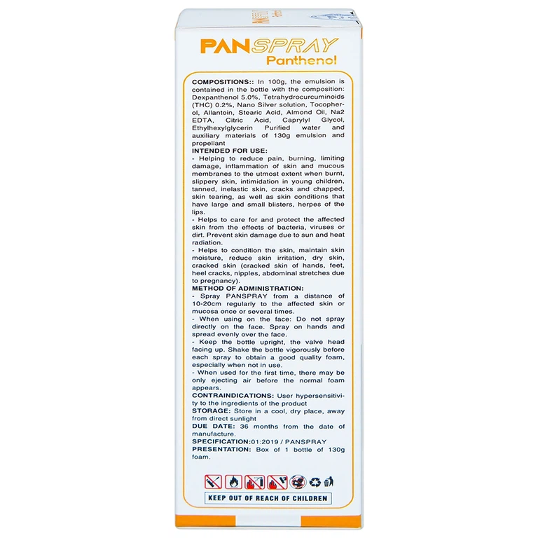 Xịt PanSpray Panthenol hỗ trợ giảm đau, rát, hạn chế tổn thương, viêm nhiễm da (130g)