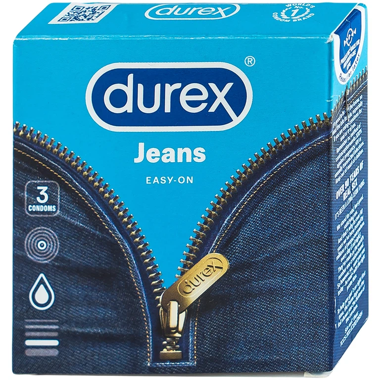Bao cao su Durex Jeans ôm sát, vừa vặn, nhiều chất bôi trơn (52,5mm - 3 cái)