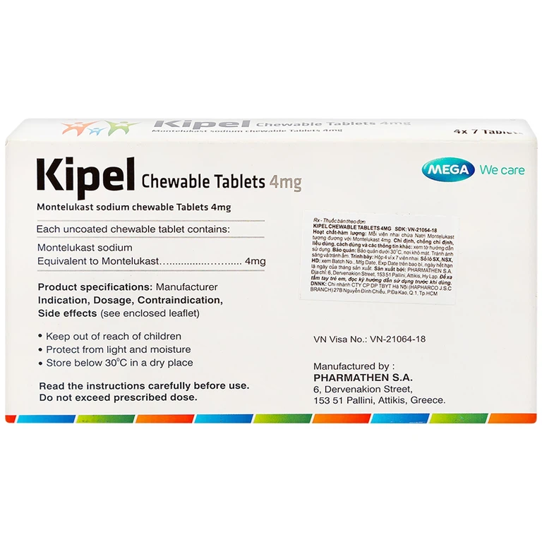 Viên nhai Kipel Chewable Tablet 4mg MEGA We care điều trị hen suyễn, co thắt phế quản, viêm mũi dị ứng (4 vỉ x 7 viên)