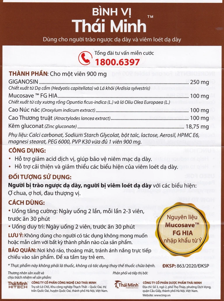 Viên uống Bình Vị Thái Minh hỗ trợ giảm acid dịch vị, giúp bảo vệ niêm mạc dạ dày (2 vỉ x 10 viên)