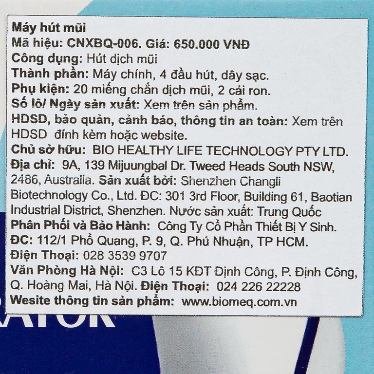 Máy hút mũi điện tử Electric Nasal Aspirator CNXBQ 006 Biohealth 