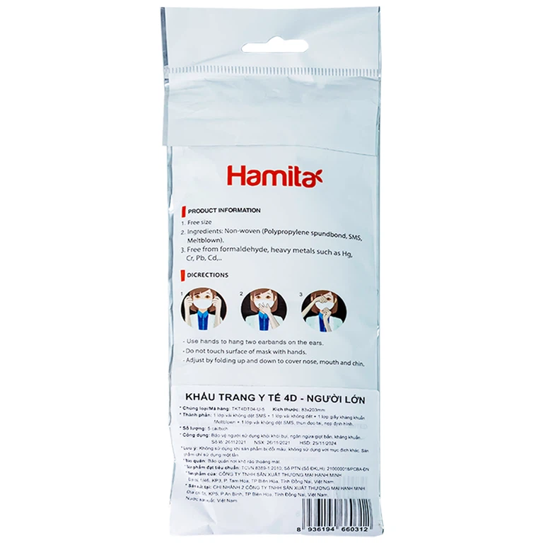 Khẩu trang y tế Hamita Advanced 4D Mask màu trắng hỗ trợ ngăn khói, bụi, kháng khuẩn (5 cái)